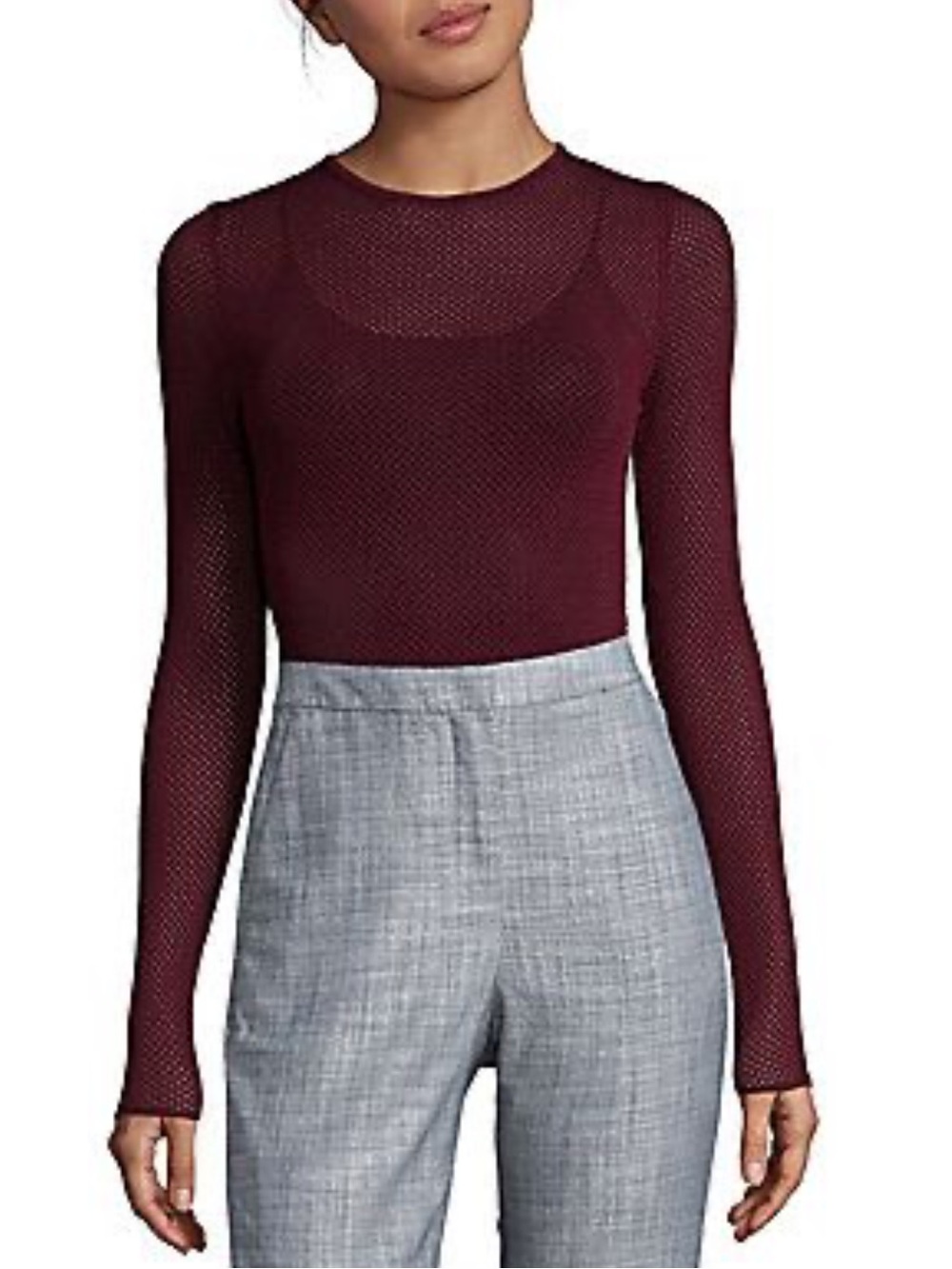 Ronny Kobo Women's Chani Mesh Long Sleeve Bodysuit in Burgundy